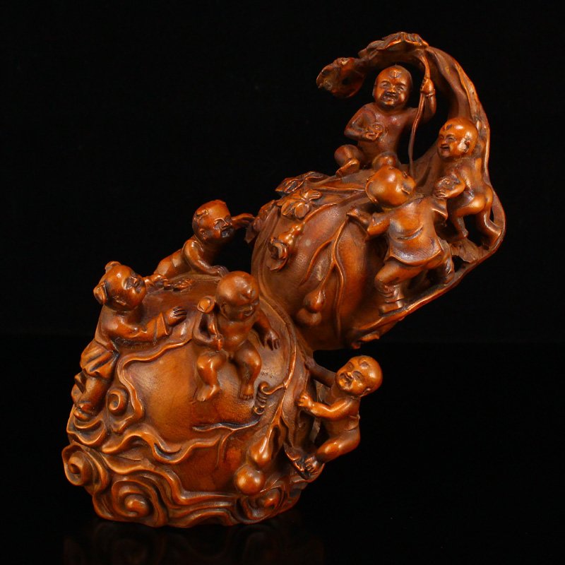 Vivid Chinese Boxwood Carved Statue - Gourds & Urchins (1 of 8)
