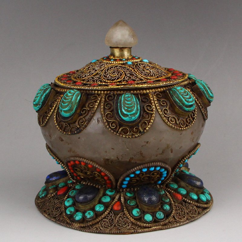 Tibetan Buddhism Crystal Inlay Silver Wire & Gem Pot (1 of 8)