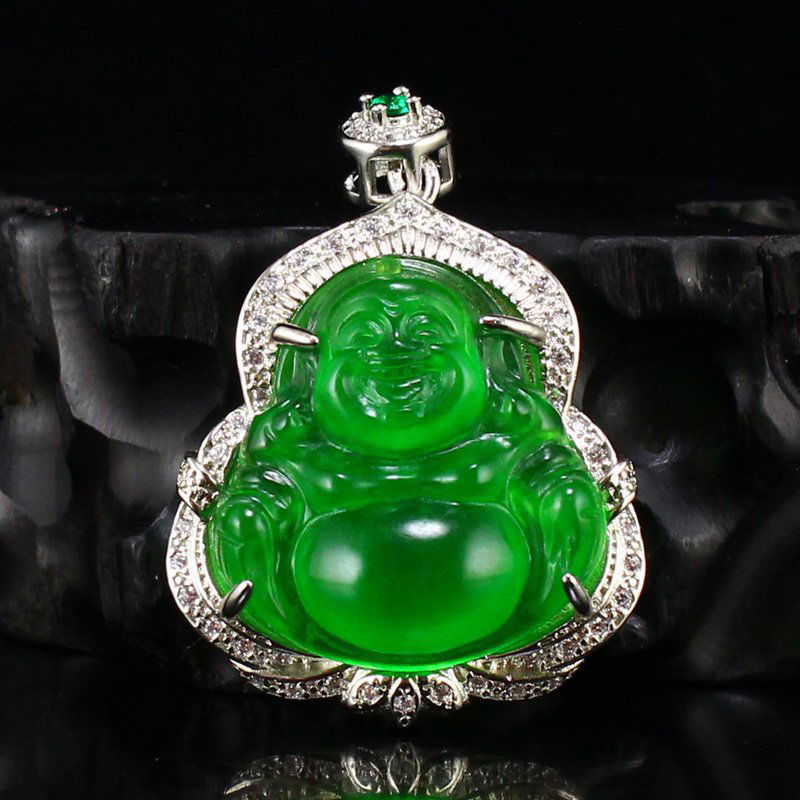 Silver Inlay Green Jadeite Laughing Buddha Pendant (1 of 6)