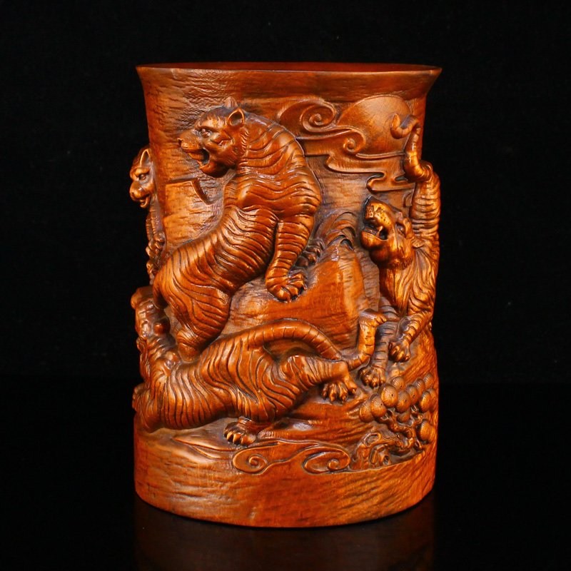 Vintage Chinese Boxwood Wood Five Tiger Brush Pot (1 of 8)