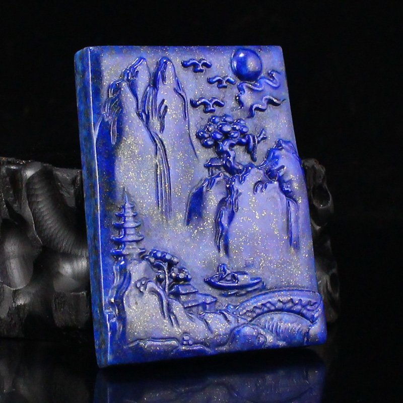 Chinese Natural Lapis Lazuli Scenery Figure Pendant: Chinese Natural Lapis Lazuli Scenery Figure Pendant w Certificate Dimension: 52 x 40 x 8 (mm) 2.05 x 1.57 x 0.31 (inches) Weight: 0.09 lbs/42.16 g The wooden stand no included.