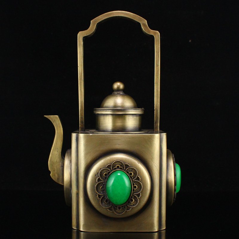 Vintage Chinese White Copper Inlay Green Jade Teapot (1 of 11)