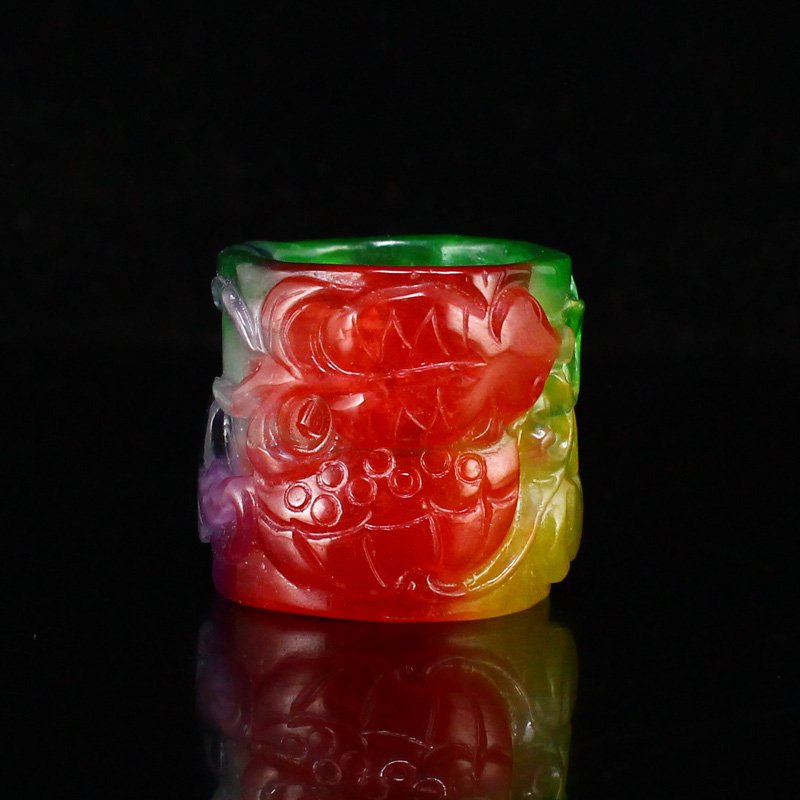 Beautiful Multicolour Jadeite Lotus & Carp Thumb Ring: Beautiful Multicolour Jadeite Lotus & Carp Thumb Ring US Size: 11 Dimension: 22 x 30(mm)0.87 x 1.18(inches) Weight: 0.07 lbs/34 g