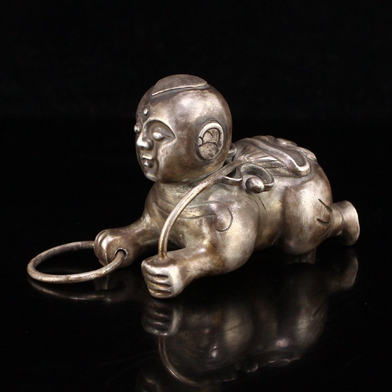 Chinese Qing Dynasty Pure Silver Lotus Leaf Kid Statue (1 of 7)