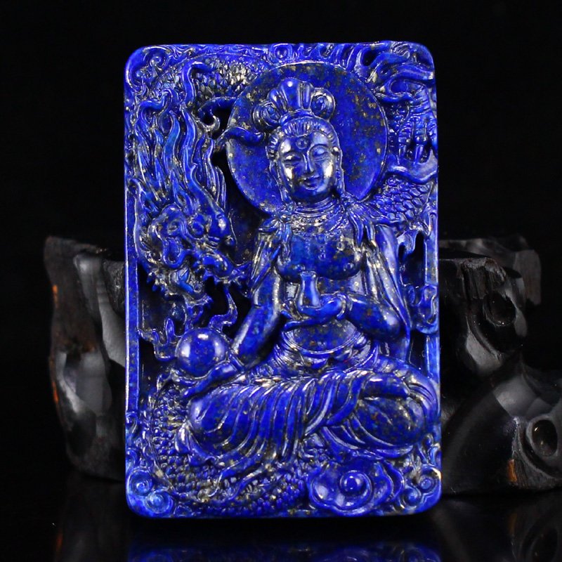 Chinese Natural Lapis Lazuli Kwan-yin & Dragon Pendant (1 of 7)