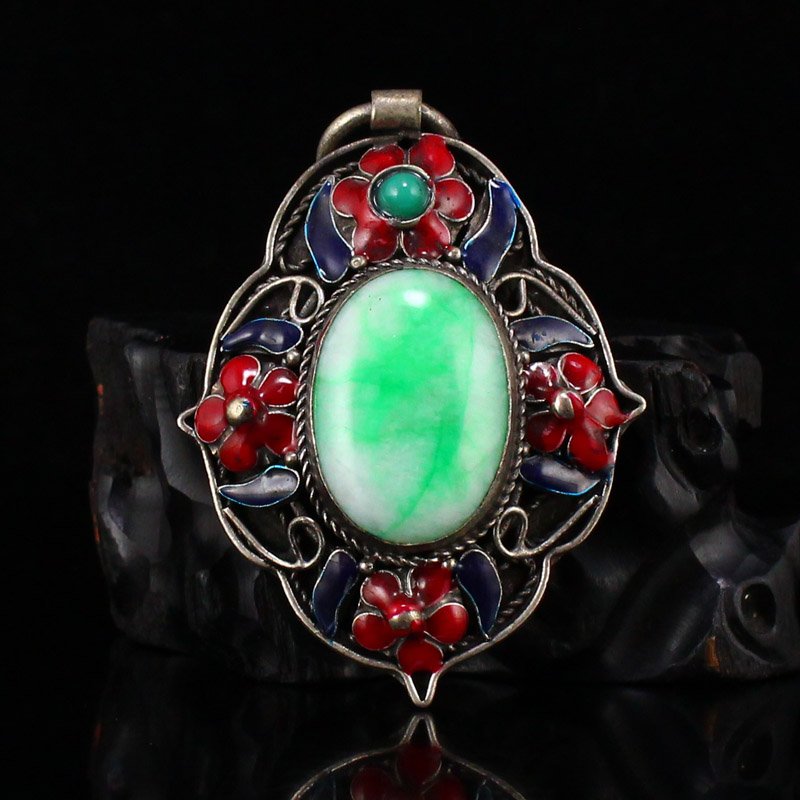 Vintage Chinese Pure Silver Inlay Jadeite Pendant (1 of 6)