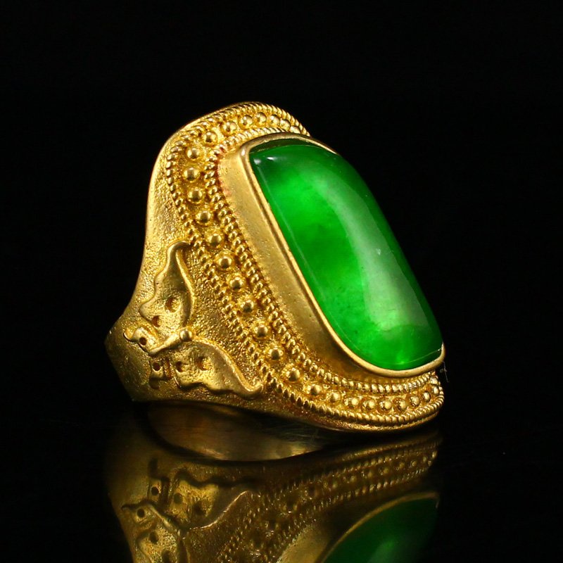Chinese Gilt Gold Copper Inlay Green Jade Ring (1 of 6)