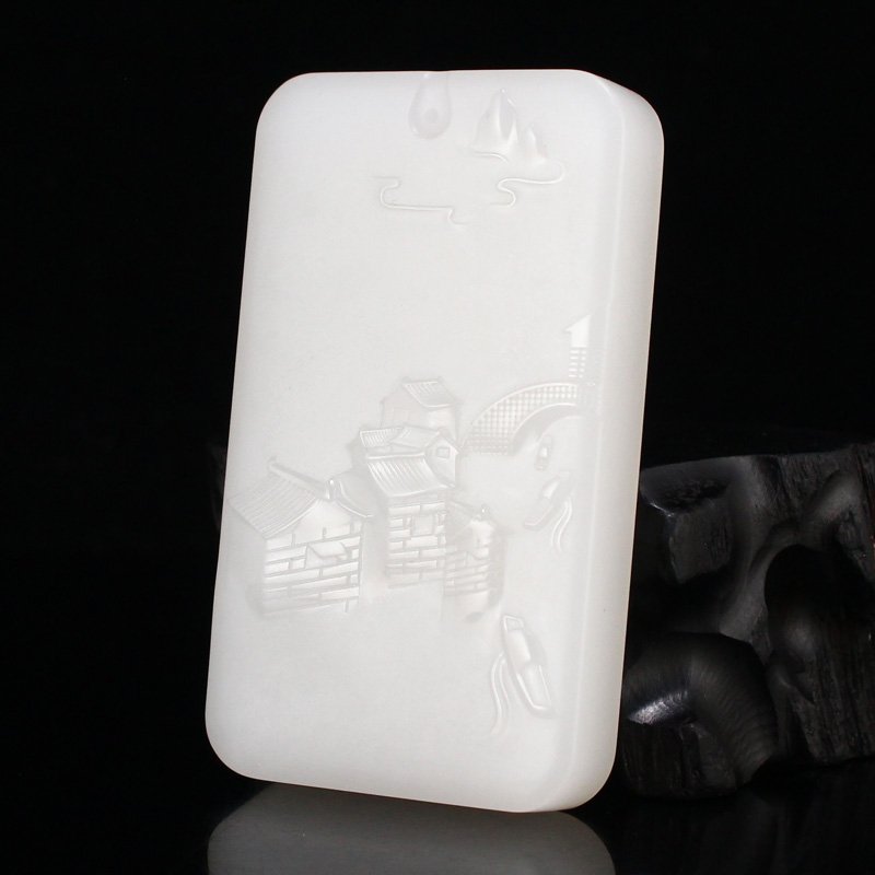 Superb Xinjiang Hetian White Jade Village Scene Pendant (1 of 7)