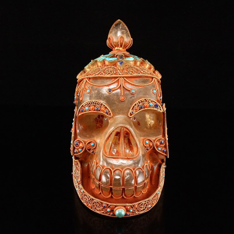 Tibetan Buddhism Crystal Inlay Silver Wire Skull Statue (1 of 7)