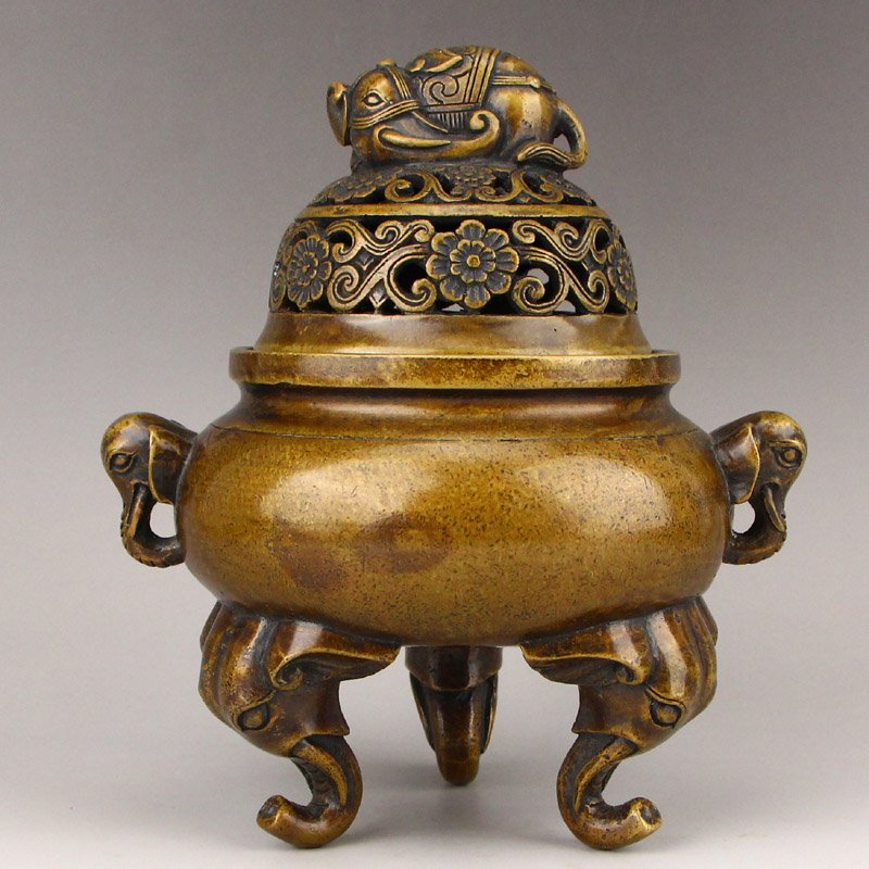 Brass Elephant Head Double Ears 3 Legs Incense Burner (1 of 10)