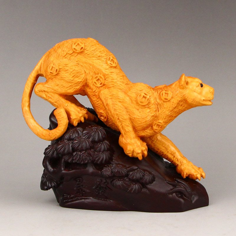 Chinese Boxwood Wood Fortune Leopard Statue (1 of 8)