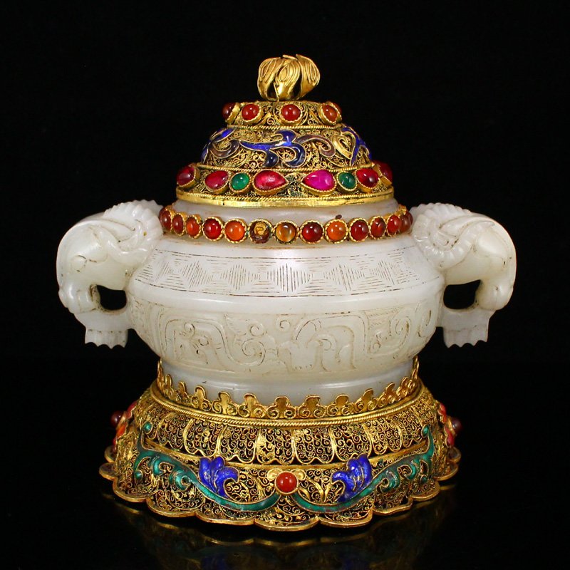 Qing Hetian Jade Sheep Head Double Ears Incense Burner (1 of 13)