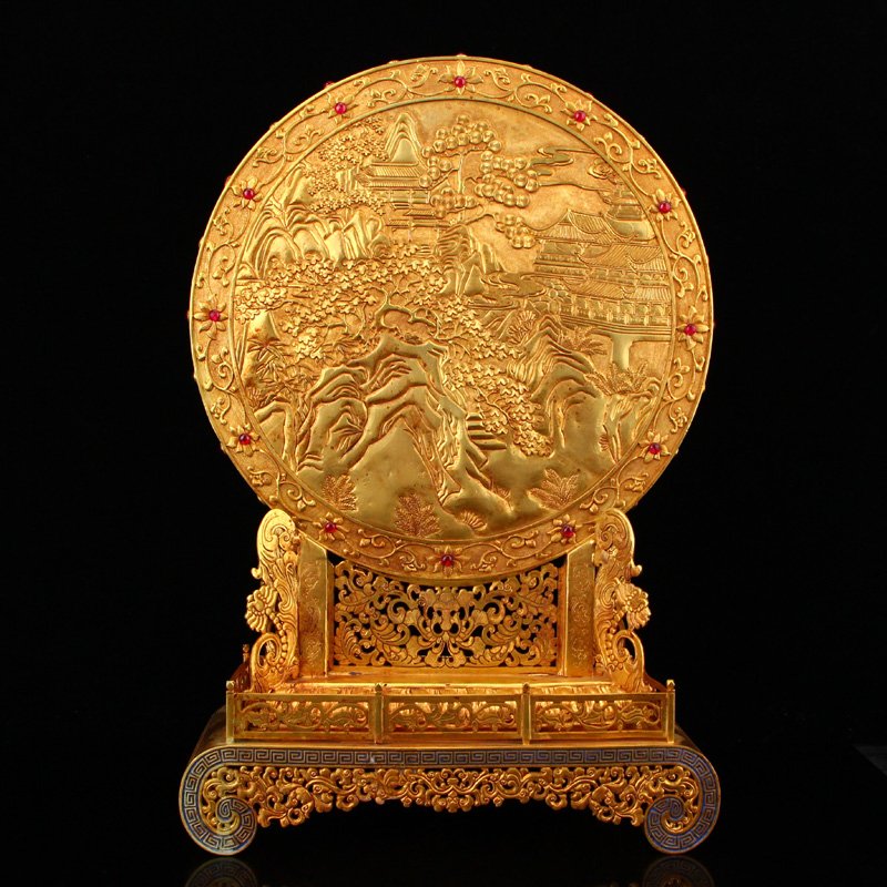 Excellent Qing Gilt Gold Red Copper Inlay Ruby Screen (1 of 9)