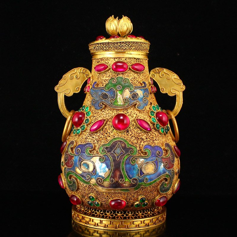 Excellent Gold Wire Enamel Inlay Gem Double Ring Vase (1 of 11)