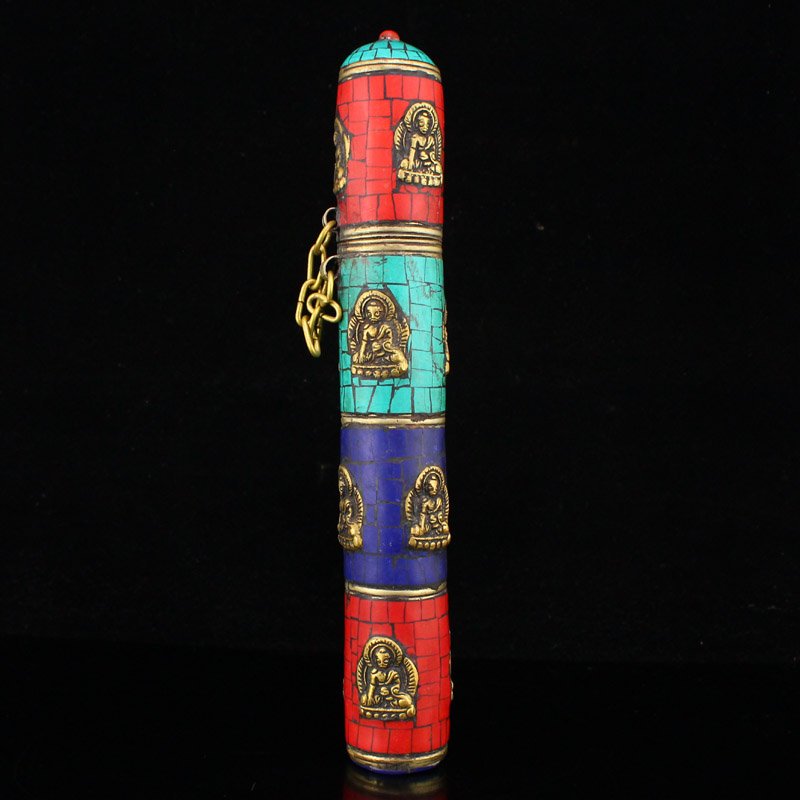 Old Tibetan Buddhism Copper Inlay Turquoise Sutra Tube (1 of 8)