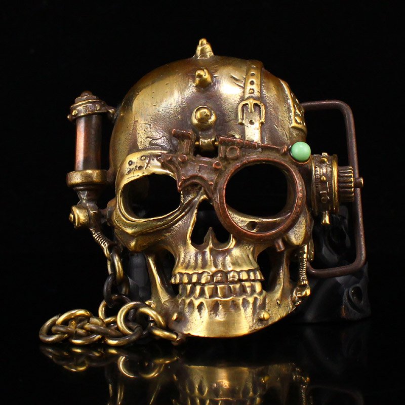 Chinese Brass Inlay Gem Skull Belt Buckle (1 of 6)