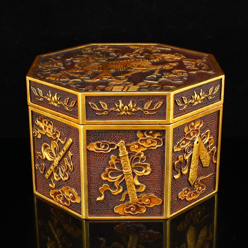 Chinese Ming Dy Gilt Gold Red Copper Kylin Box (1 of 9)