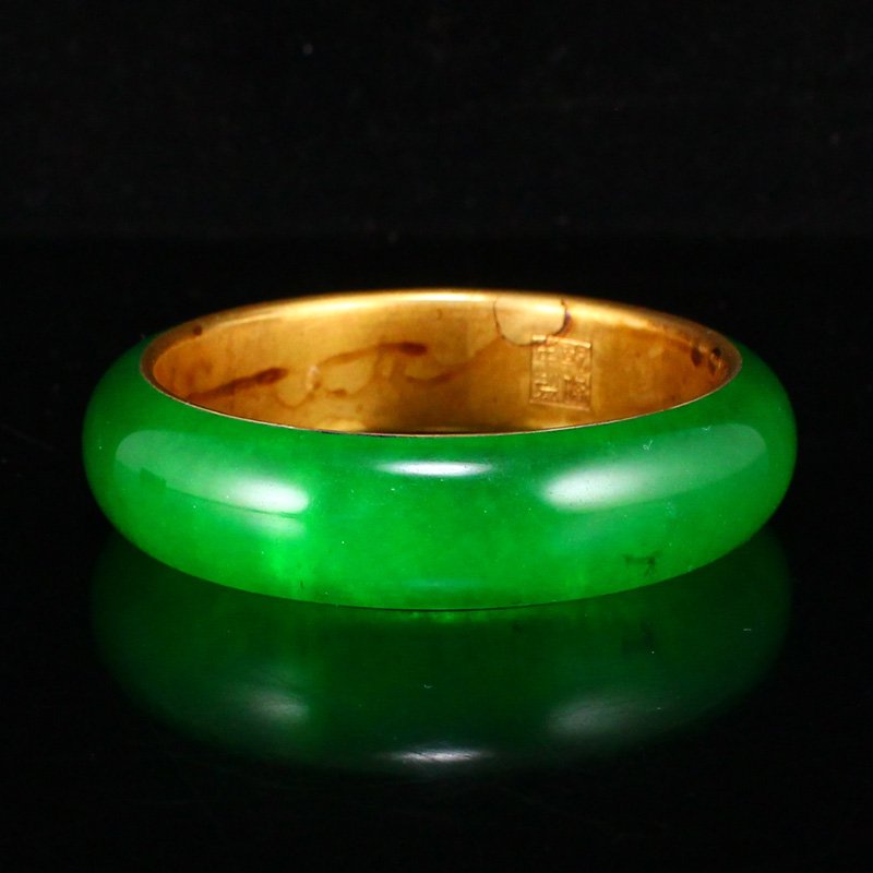 Qing Dy Gilt Gold Green Jade Bracelet w Qianlong Mark (1 of 7)