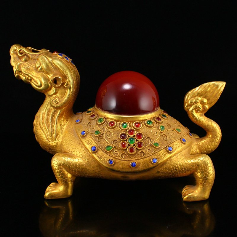 Gilt Gold Red Copper Inlay Gem Dragon Turtle Statue (1 of 8)