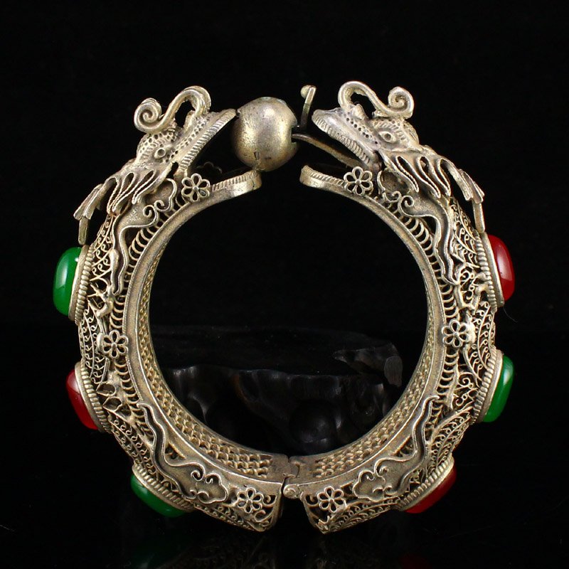 Old Exquisite Silver Inlay Gem Double Dragon Bracelet (1 of 7)
