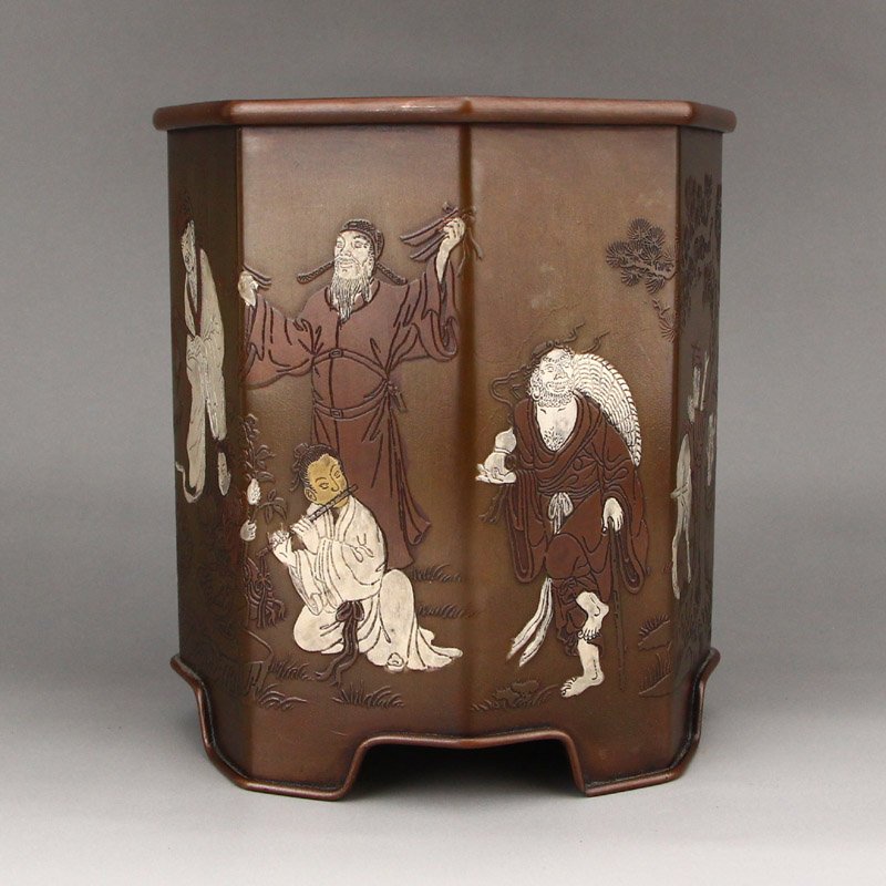 Vintage Red Copper Brush Pot - The Eighteen Arhat (1 of 10)