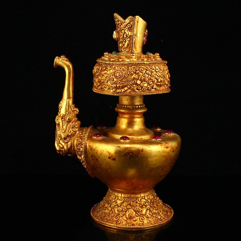 Superb Chinese Gilt Gold Red Copper Inlay Gem Wine Pot: Superb Chinese Gilt Gold Red Copper Inlay Gem Wine Pot Dimension: 195 x 117 x 93(mm) 7.68 x 4.61 x 3.66(inches) Weight: 2.12 lbs/962 g