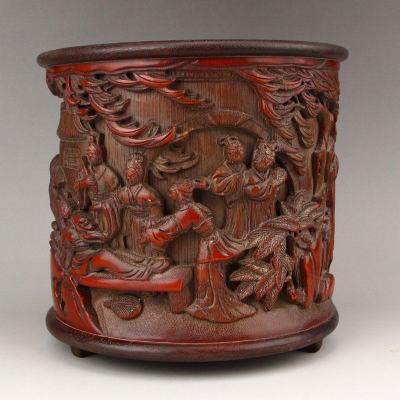 Chinese Bamboo Carved Figure & Pine Tree Brush Pot (1 of 9)