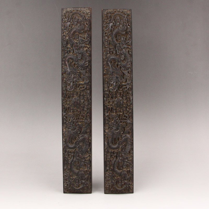 Pair Chinese Zitan Wood Dragon & Fireball Paperweights (1 of 7)