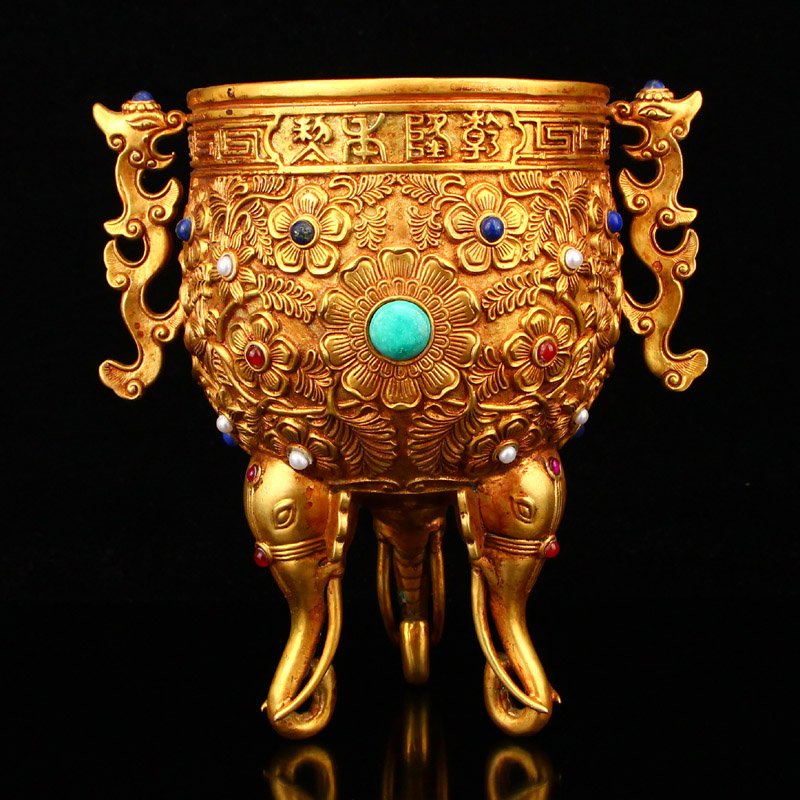 Beautiful Gilt Gold Red Copper Inlay Gem 3 Legs Cup (1 of 10)