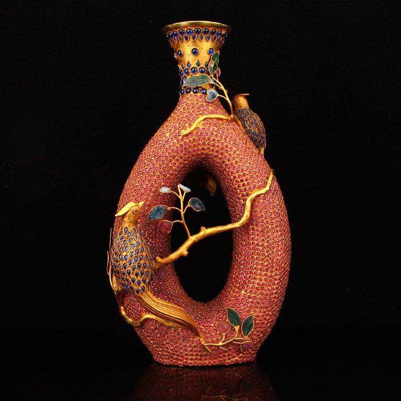 Gilt Gold Red Copper Inlay Gem Double Bird Vase (1 of 11)