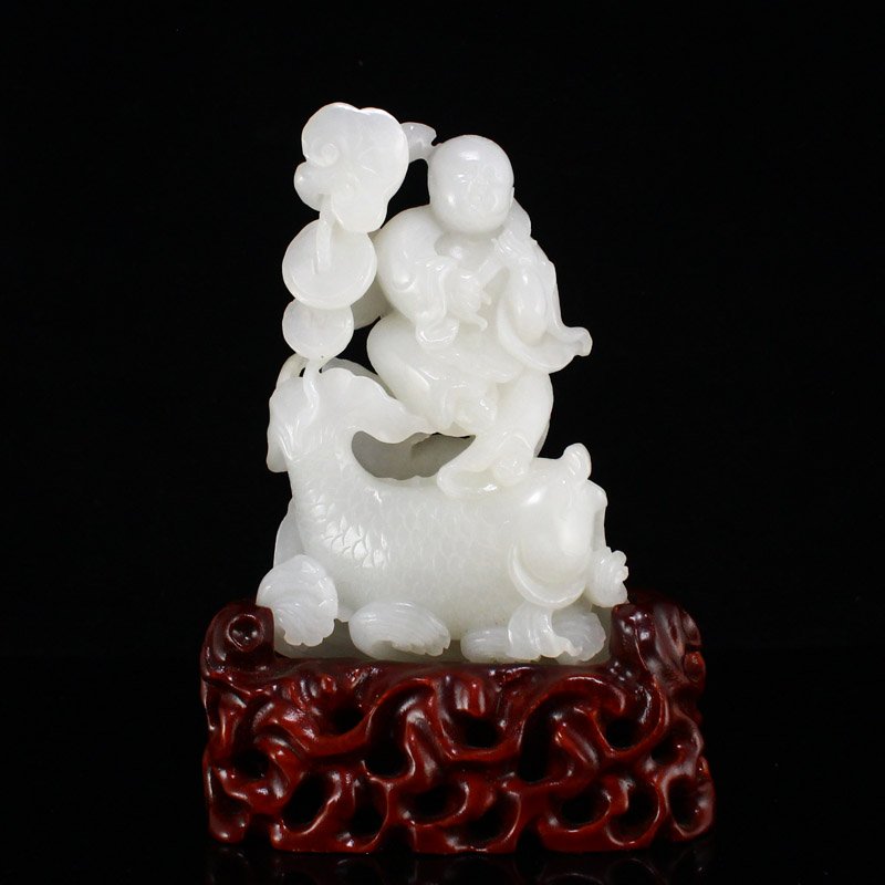 Qing Dy White Hetian Jade Fortune Kid & Carp Statue (1 of 8)