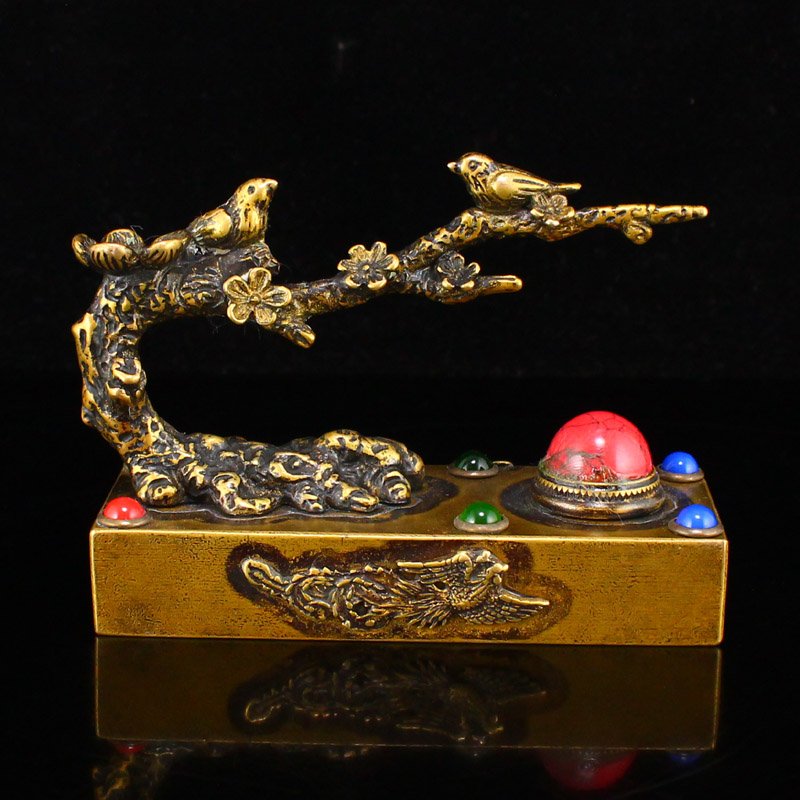 Chinese Brass Inlay Gem Plum Flower & Bird Seal (1 of 6)