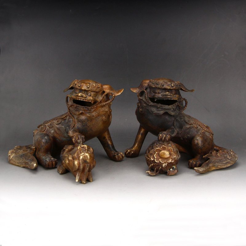 Vintage Chinese Red Copper Lucky Lions Statues (1 of 13)