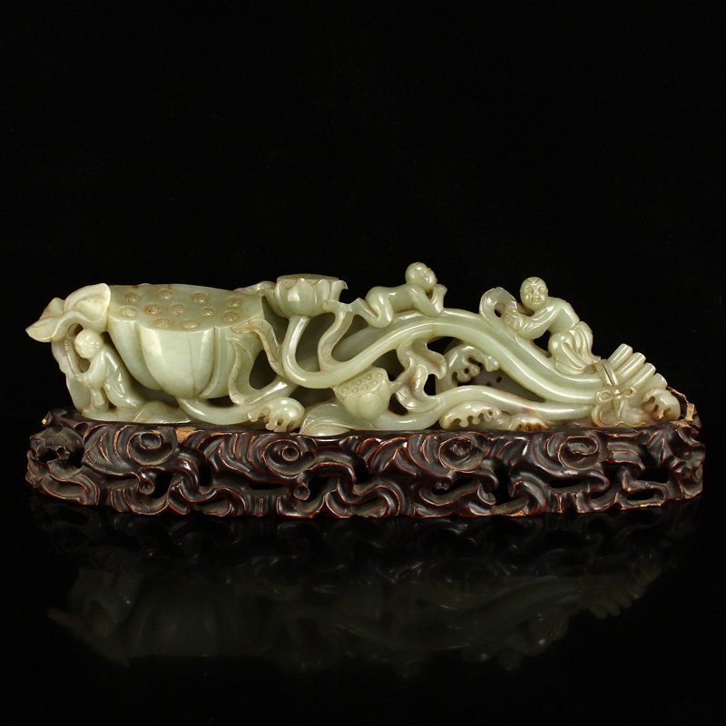 Chinese Qing Dy Hetian Jade Lotus Pod & Urchin Statue (1 of 10)