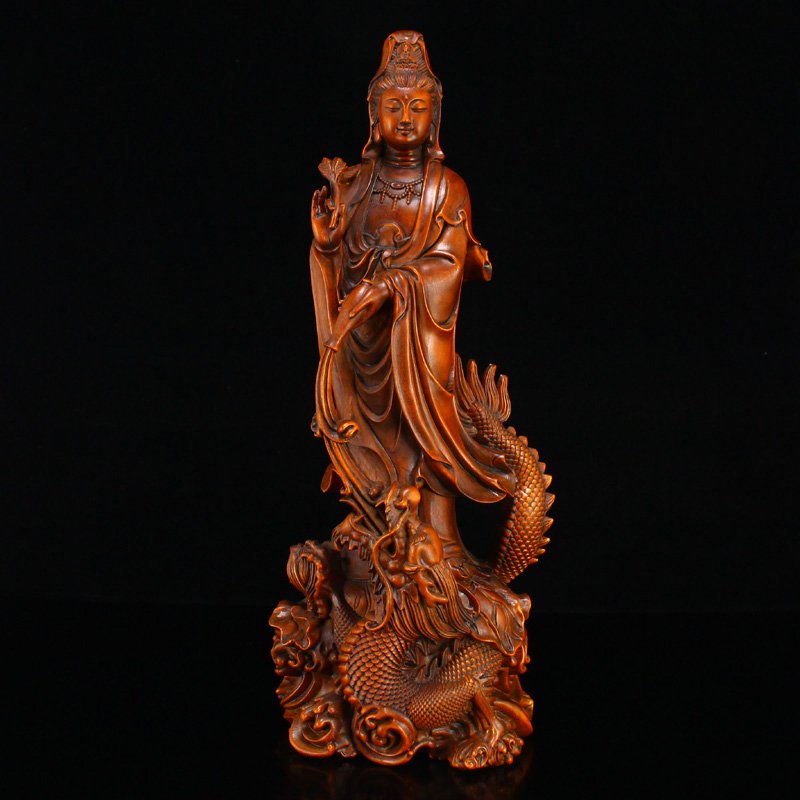 Chinese Boxwood Wood Kwan-Yin & Dragon Statue (1 of 9)