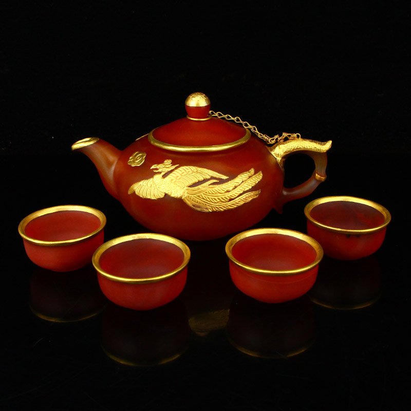 A Set Red Agate Teapot & Cups With Pure Gold Ornaments (1 of 15)