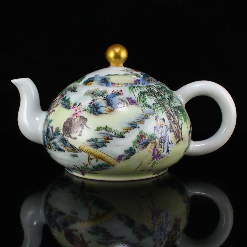 Qing Dy Gilt Gold Famille Rose Porcelain Figure Teapot (1 of 10)