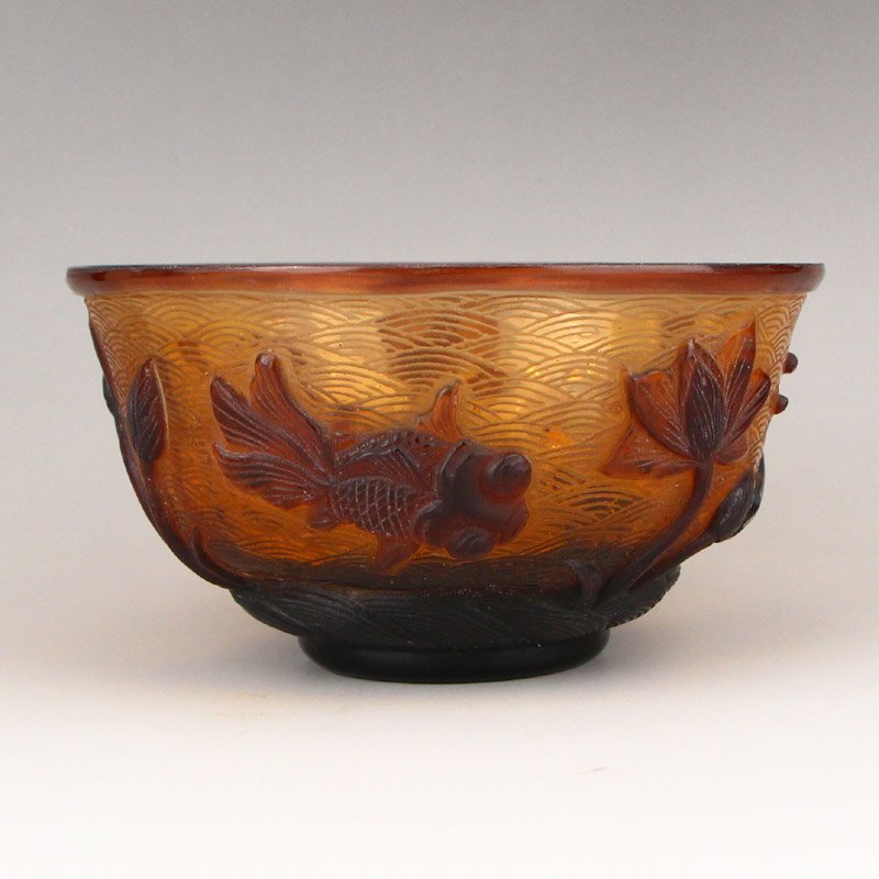 Low Relief Peking Glass Goldfish & Lotus Flower Bowl (1 of 6)