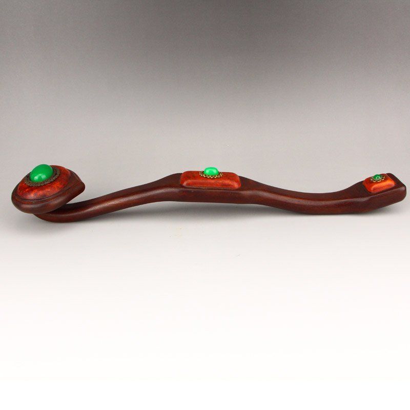 Vintage Zitan Wood Inlay Green Jade Ruyi Scepter (1 of 8)