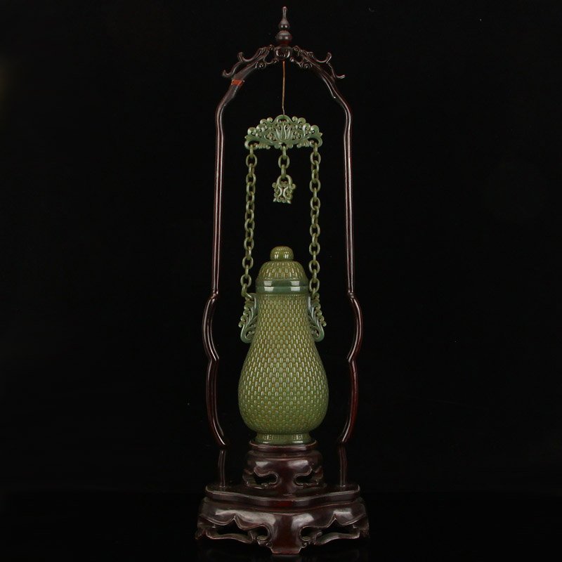 Superb Qing Dy Green Hetian Jade Braced Chain Vase (1 of 11)