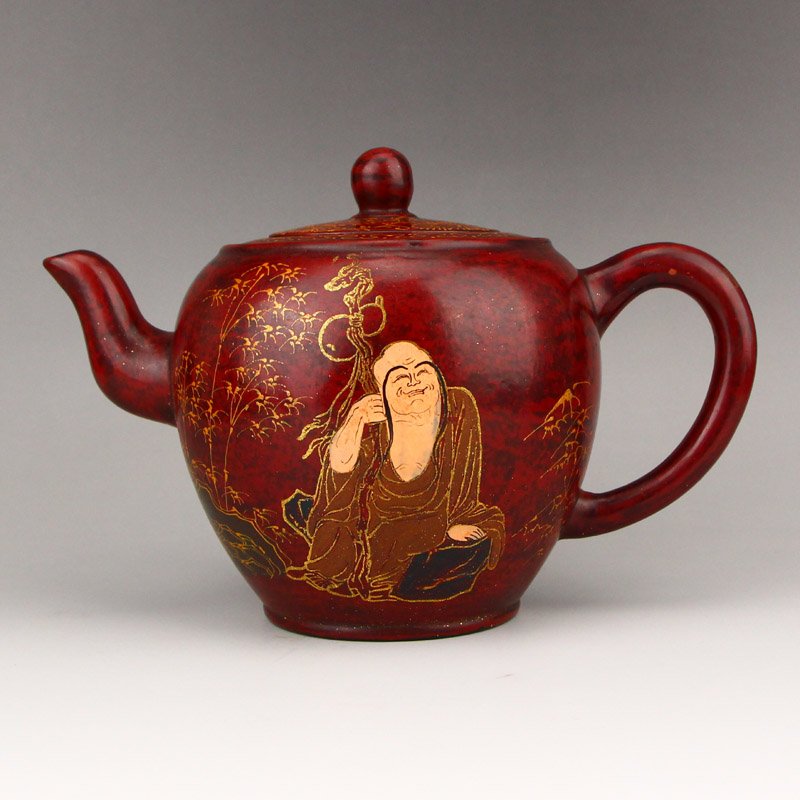 Gilt Gold Lacquerware Arhat Zisha Clay Teapot w Box (1 of 12)