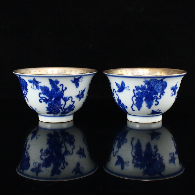Pair Silver Plated Blue And White Porcelain Cups (1 of 11)