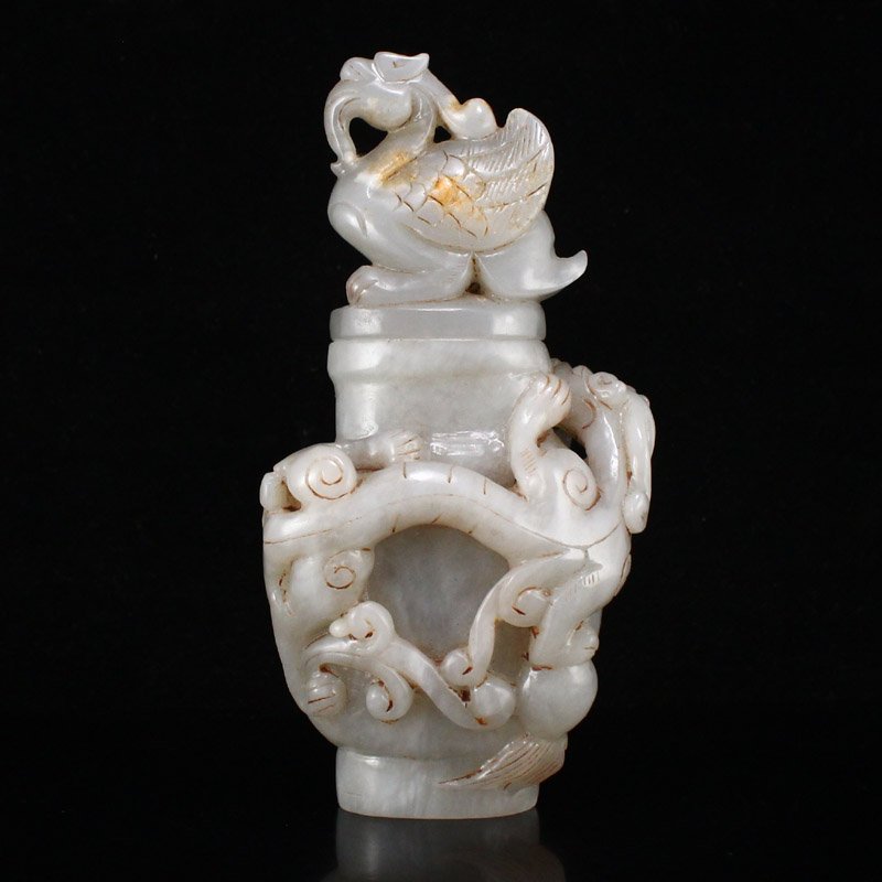 Vintage Hetian jade Dragon Phoenix Bottle w Lid (1 of 9)