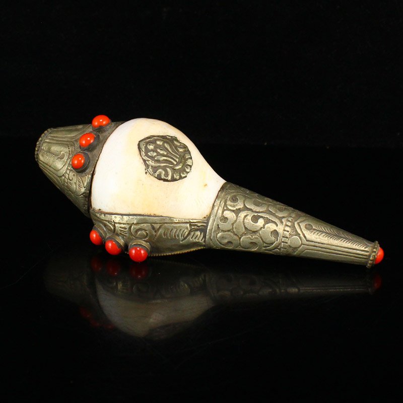 Tibetan White Copper Inlay Gem Conch Prayer Trumpet (1 of 6)