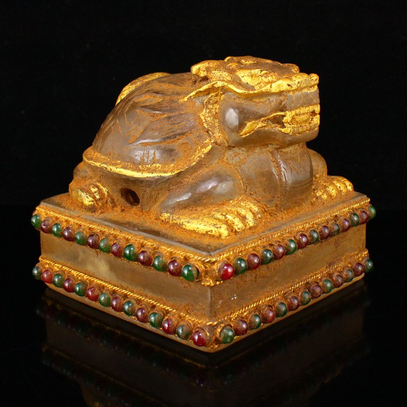 Vintage Gilt Gold Crystal Inlay Gem Dragon Turtle Seal (1 of 9)
