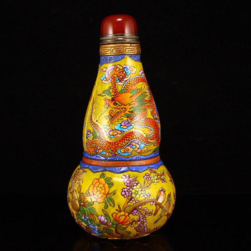 Gilt Edge Peking Glass Enamel Dragon Gourd Snuff Bottle (1 of 9)