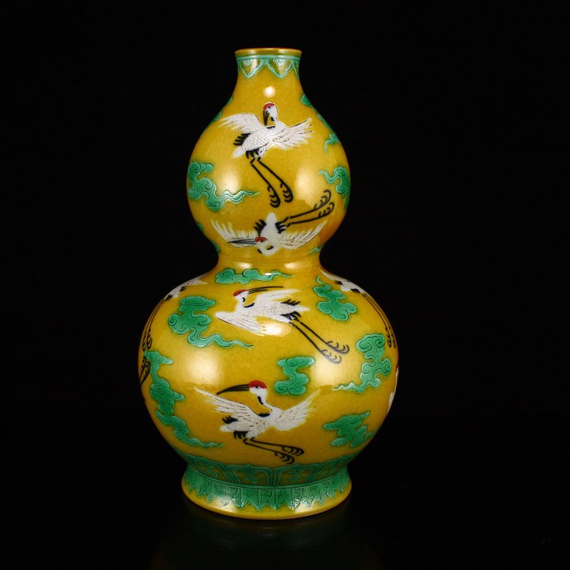 Yellow Ground Wucai Cloud & Crane Porcelain Gourd Vase (1 of 8)
