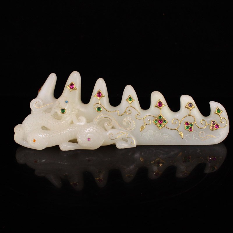 Qing Hetian Jade Inlay Gold Wire & Gem Brush Pen Shelf (1 of 7)