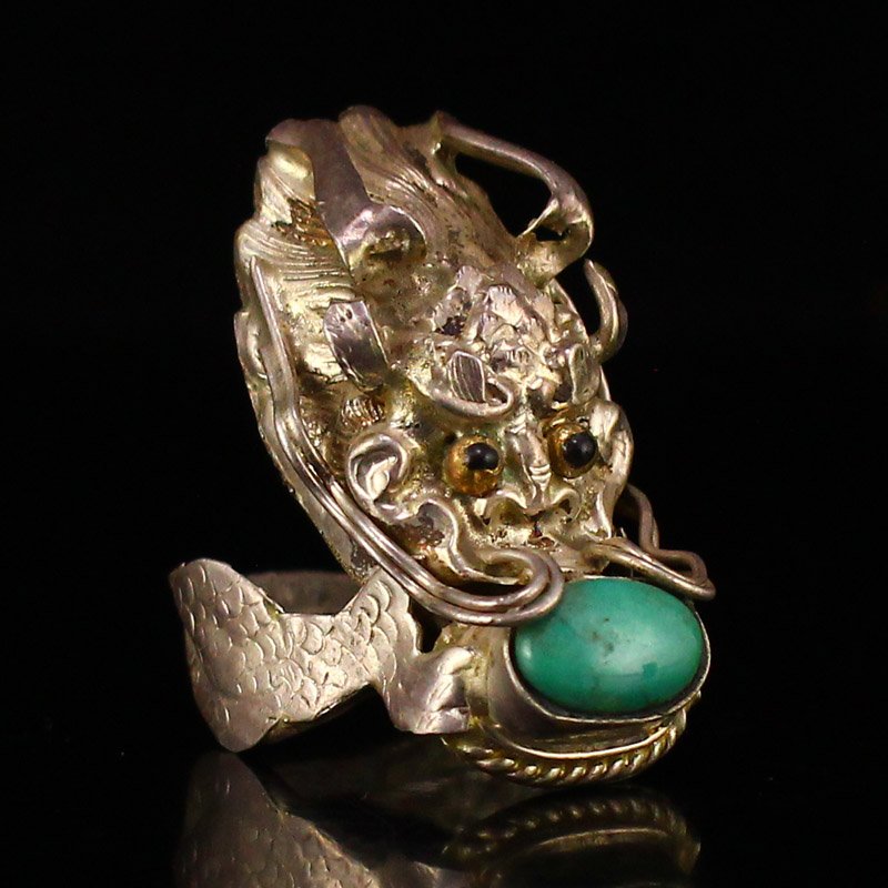 Vintage Chinese Silver Inlay Turquoise Dragon Head Ring (1 of 6)