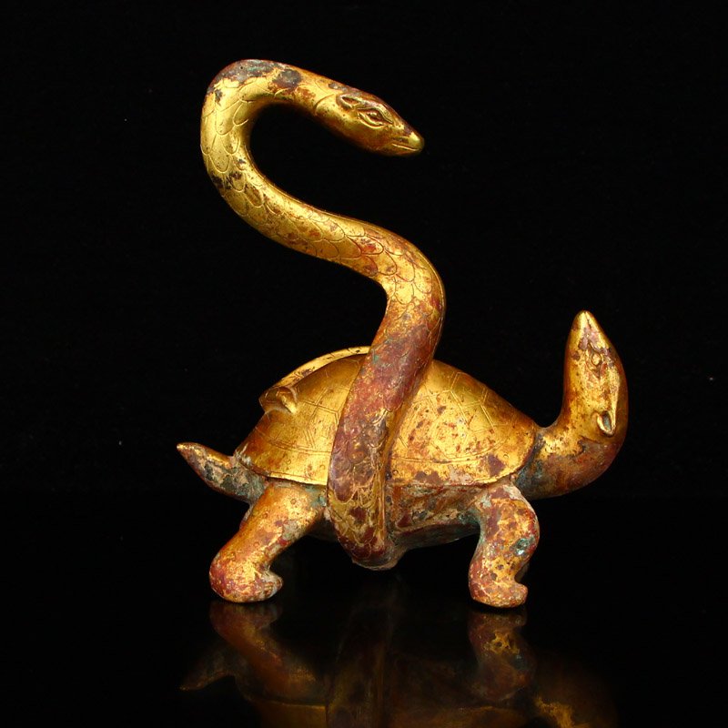 Vintage Gilt Gold Red Copper Turtle & Snake Statue (1 of 7)